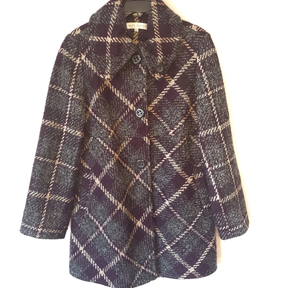 Larry Levine Grey and Maroon Wool Check Pea coat - Picture 7 of 8